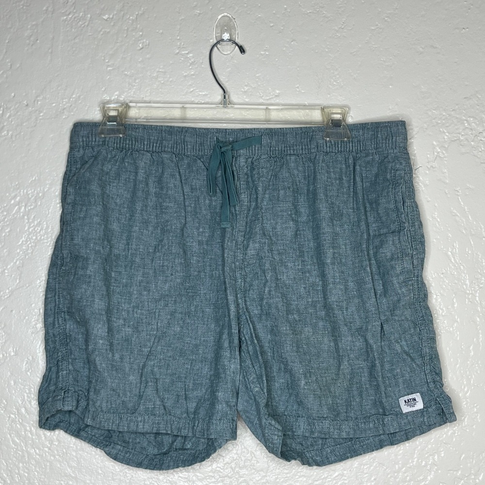 Katin Mens XXL Cotton Linen Blend Elastic Waist Drawstring Shorts Blue Green